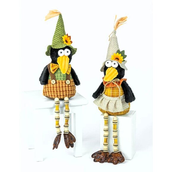 Set of 2 Fall Crow Button Leg Shelf Sitter Figurines - Autumn Harvest Decor - Picture 2 of 2
